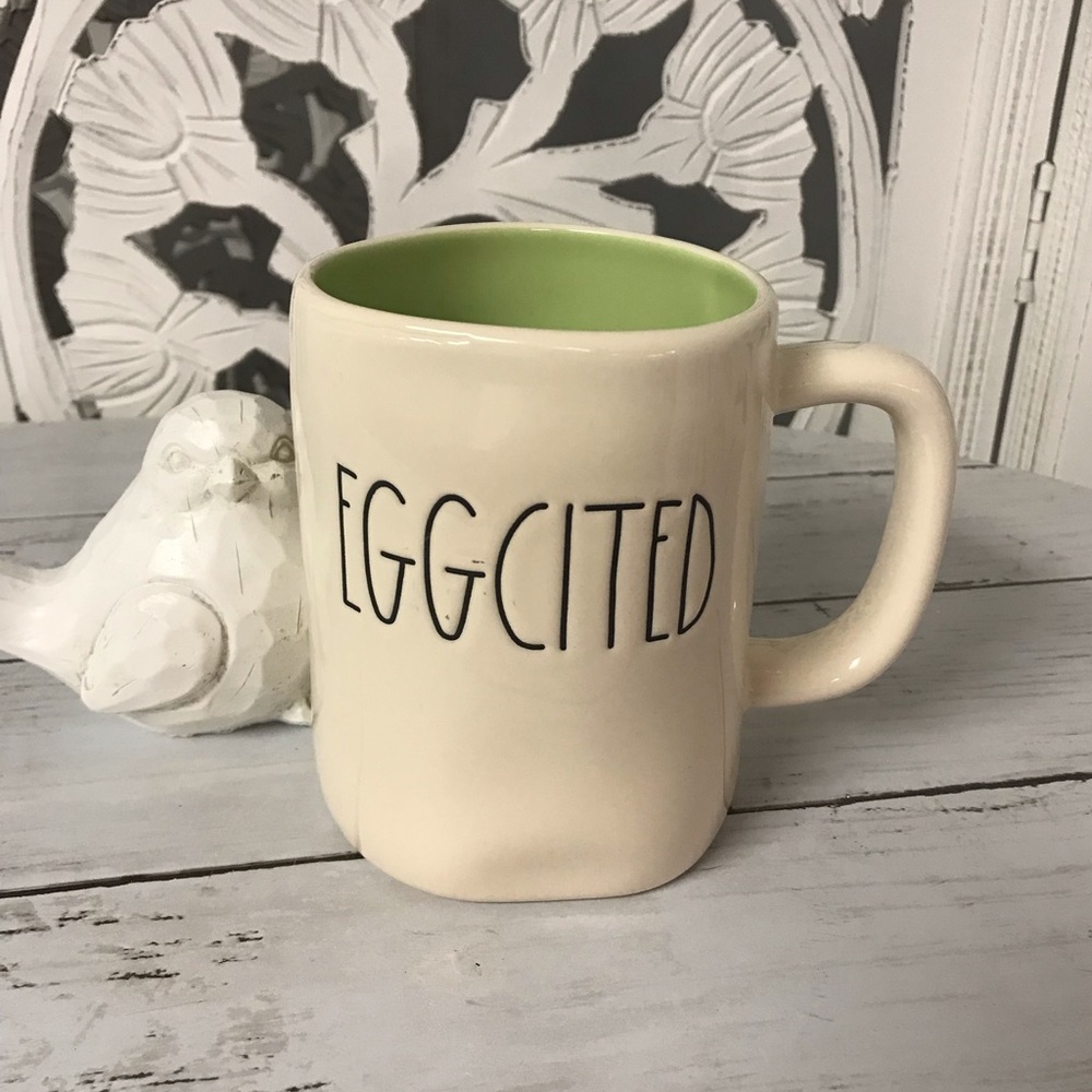 Rae Dunn Ceramic Coffee Mug “Eggcited”, Green Interior, Easter Spring Decor